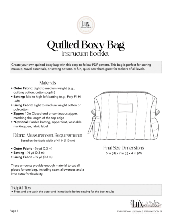 Quilted Boxy Bag – PDF Sewing Pattern & Instructions - Image 2